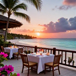 Caribbean Holidays, Cuba Luxury Holidays, A romantic Cuban sunset viewed from a private beach terrace with tropical flowers, elegant dining and calm turquoise water