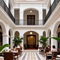 Caribbean Holidays, Cuba Luxury Holidays, A stylish luxury hotel courtyard in Havana with colonial architecture, tropical plants and guests enjoying an evening drink