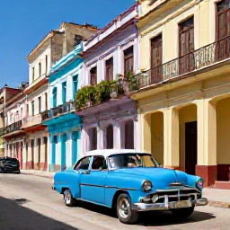 Caribbean Holidays, Cuba Luxury Holidays, Classic American car travelling through colourful Old Havana street beside colonial buildings in bright January sunshine