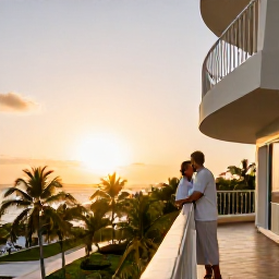 Caribbean Holidays, Cuba Luxury Holidays, Couple enjoying a calm sunset from a luxury Cuban hotel balcony overlooking the Caribbean, soft golden light and palm trees