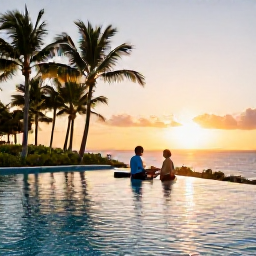 Caribbean Holidays, Cuba Luxury Holidays, Couple relaxing beside an infinity pool at a Cuban luxury resort, with palm trees and a glowing sunset