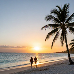 Caribbean Holidays, Cuba Luxury Holidays, Couple walking along a quiet Cuban beach at sunset, with palm silhouettes and calm Caribbean water