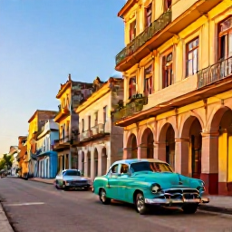 Caribbean Holidays, Cuba Luxury Holidays, Elegant colonial Havana street at golden hour, classic American cars, luxury travel atmosphere