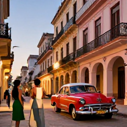 Caribbean Holidays, Cuba Luxury Holidays, Elegant colonial Havana street with classic American cars, warm evening light and stylish travellers exploring the historic city