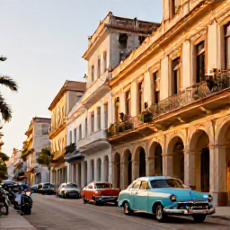 Caribbean Holidays, Cuba Luxury Holidays, Elegant colonial street in Havana at golden hour, classic American cars, warm Caribbean light, luxury travel atmosphere