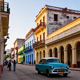 Caribbean Holidays, Cuba Luxury Holidays, Elegant colonial street in Old Havana with classic American cars, colourful buildings and visitors exploring in the late afternoon
