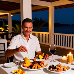 Caribbean Holidays, Cuba Luxury Holidays, Elegant Cuban dinner with fresh seafood, tropical fruit and wine on a candlelit terrace, warm evening atmosphere and subtle Caribbean d&eacute;cor