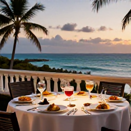 Caribbean Holidays, Cuba Luxury Holidays, Elegant Cuban dinner with local dishes and wine on a hotel terrace overlooking the sea at dusk