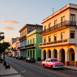 Caribbean Holidays, Cuba Luxury Holidays, Elegant luxury hotel terrace in Havana overlooking colourful colonial buildings and a classic car-lined street at sunset