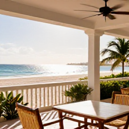 Caribbean Holidays, Cuba Luxury Holidays, Elegant luxury hotel terrace overlooking a bright Caribbean beach in Havana or Varadero, warm January sunshine, tasteful Cuban details