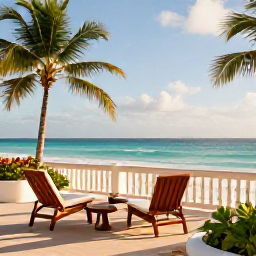 Caribbean Holidays, Cuba Luxury Holidays, Elegant luxury hotel terrace overlooking a turquoise Caribbean beach in Cuba in January, warm sunlight, palm trees, relaxed atmosphere