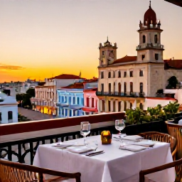 Caribbean Holidays, Cuba Luxury Holidays, Havana rooftop restaurant at sunset, views across colourful colonial buildings, elegant table setting and classic Cuban ambience