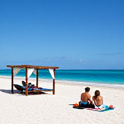 Caribbean Holidays, Cuba Luxury Holidays, Luxury beach resort in Varadero with white sand, clear blue water, shaded cabanas and a couple relaxing beside the sea