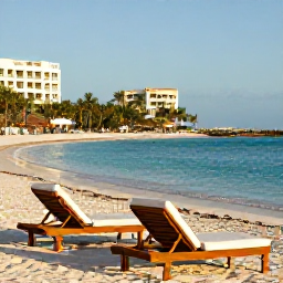 Caribbean Holidays, Cuba Luxury Holidays, Luxury beachfront resort in Varadero, Cuba, with calm turquoise water, white sand and elegant sun loungers in warm November sunshine