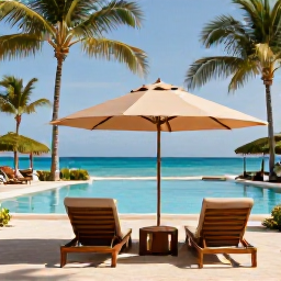 Caribbean Holidays, Cuba Luxury Holidays, Luxury beachfront resort in Varadero, Cuba, with elegant poolside loungers, turquoise sea and tropical palms in warm August sunshine