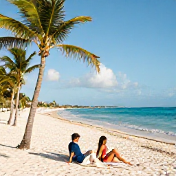Caribbean Holidays, Cuba Luxury Holidays, Luxury couple relaxing on a quiet white-sand beach in Varadero, clear blue water, palm trees and warm January light