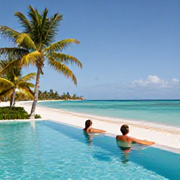 Caribbean Holidays, Cuba Luxury Holidays, Luxury Cuban beach resort in Cayo Santa Maria with palm trees, white sand, turquoise sea and a couple relaxing beside an infinity pool