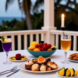 Caribbean Holidays, Cuba Luxury Holidays, Luxury Cuban dining table with fresh seafood, tropical fruit and elegant drinks beside a candlelit terrace