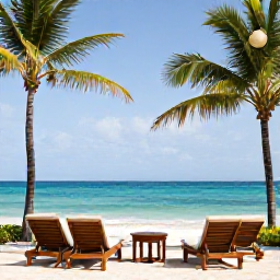 Caribbean Holidays, Cuba Luxury Holidays, Luxury hotel terrace overlooking a calm Caribbean beach in Varadero, comfortable sun loungers, turquoise sea and palm trees
