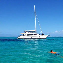 Caribbean Holidays, Cuba Luxury Holidays, Private luxury catamaran sailing along the Cuban coast near Varadero under a clear blue sky, with snorkellers in transparent water