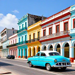 Caribbean Holidays, Cuba Luxury Holidays, Private vintage car driving past colourful colonial buildings in Havana, Cuba, on a sunny June day