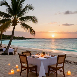 Caribbean Holidays, Cuba Luxury Holidays, Romantic sunset over a Cuban beach with elegant dinner table, candles, palms and calm turquoise water