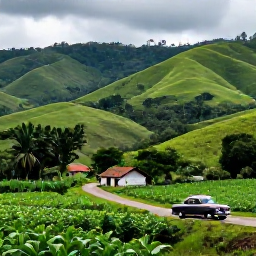 Caribbean Holidays, Cuba Luxury Holidays, Scenic Cuban valley with green hills, tobacco fields, traditional farmhouse and a vintage car on a rural road