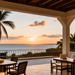 Caribbean Holidays, Cuba Luxury Holidays, Sophisticated Cuban luxury holiday scene at sunset, boutique hotel terrace, warm light and Caribbean sea view