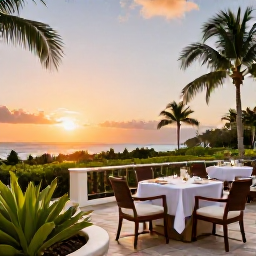 Caribbean Holidays, Cuba Luxury Holidays, Stylish luxury hotel terrace in Cuba at sunset with elegant dining, tropical gardens and a view towards the sea