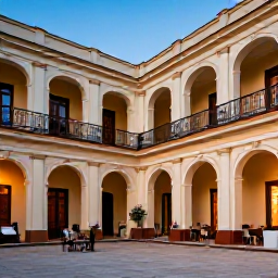 Caribbean Holidays, Cuba Luxury July, Elegant luxury hotel courtyard in Havana, Cuba, with restored colonial architecture, balconies and guests enjoying an evening atmosphere