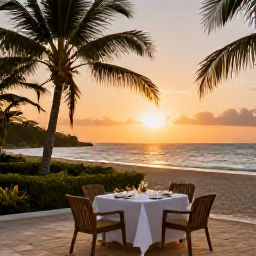 Caribbean Holidays, Cuba Luxury July, Luxury Cuban sunset scene with an elegant beachfront dining table, palm trees and warm evening light over the Caribbean Sea
