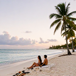 Caribbean Holidays, Cuba Multi-Country, A couple relaxing on a Caribbean beach with soft white sand, calm blue water and palm trees at sunset