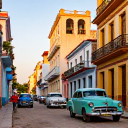 Caribbean Holidays, Cuba Multi-Country, Colourful classic American cars and colourful colonial buildings around a lively Havana street in warm evening light