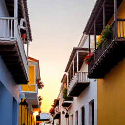 Caribbean Holidays, Cuba Multi-Country Holiday, Colourful colonial street in Cartagena, Colombia, with balconies, flowers and warm evening light