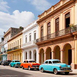Caribbean Holidays, Cuba Multi-Country Holiday, Colourful vintage cars and colonial buildings in Havana, Cuba, photographed in warm February sunshine