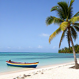 Caribbean Holidays, Cuba Multi-Country Holiday, Tropical beach with calm turquoise water, palm trees and a small colourful fishing boat in Cuba