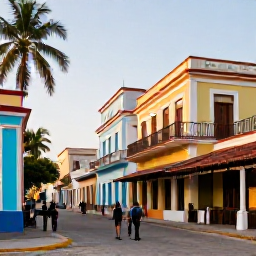 Caribbean Holidays, Cuba Multi-Country, Travellers exploring a colourful Cuban town with local caf&eacute;s, palm trees and traditional architecture in gentle afternoon sunshine