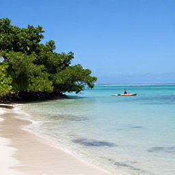 Caribbean Holidays, Cuba Nature Holidays, A calm Caribbean beach in Cuba beside mangroves and clear shallow water, with a visitor kayaking in March sunshine