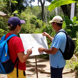 Caribbean Holidays, Cuba Nature Holidays, A friendly Cuban guide showing visitors a map beside a forest trail in a sunny January nature reserve