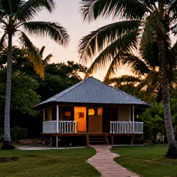Caribbean Holidays, Cuba Nature Holidays, A relaxed Cuban eco-lodge surrounded by palms and tropical greenery at sunset, with a small veranda and walking trail