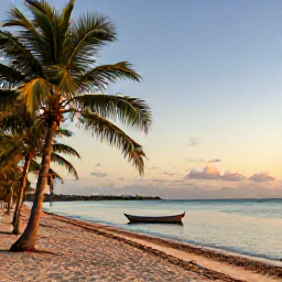 Caribbean Holidays, Cuba Nature Holidays, A tranquil Cuban beach at sunset in June, with palm trees, calm turquoise water and a small wooden boat