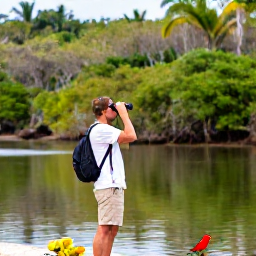 Caribbean Holidays, Cuba Nature Holidays, Birdwatcher using binoculars beside a calm lagoon in Cuba, with colourful tropical birds and low forest