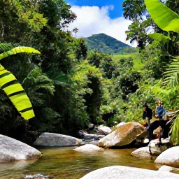Caribbean Holidays, Cuba Nature Holidays, Green mountain forest in the Sierra Maestra of Cuba with a clear stream, hikers and distant Caribbean views