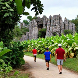 Caribbean Holidays, Cuba Nature Holidays, Hikers walking through the forested Vi&ntilde;ales Valley in Cuba, with limestone mogotes and tobacco fields in the background