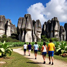 Caribbean Holidays, Cuba Nature Holidays, Hikers walking through the green Vi&ntilde;ales Valley in Cuba, surrounded by towering limestone mogotes and tobacco fields