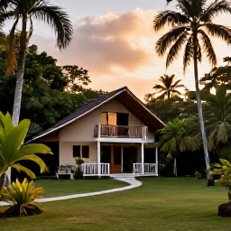Caribbean Holidays, Cuba Nature Holidays, Relaxed Cuban eco-lodge surrounded by tropical greenery at sunset, showing a peaceful nature holiday atmosphere