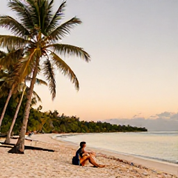 Caribbean Holidays, Cuba Nature Holidays, Traveller relaxing at a quiet Cuban beach near a nature reserve, with palms, pale sand and a warm evening sky