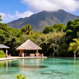 Caribbean Holidays, Cuba Nature Holidays, Travellers relaxing beside a clear freshwater pool beneath tropical forest in Cuba, with mountains in the background