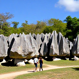Caribbean Holidays, Cuba Nature Holidays, Visitors walking among dramatic limestone mogotes and tropical vegetation in Vi&ntilde;ales Valley, Cuba, under a bright blue sky