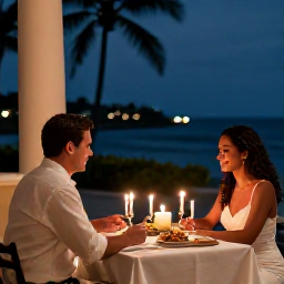 Caribbean Holidays, Cuba October Weddings, Bride and groom enjoying a romantic Cuban resort dinner with candles, local food and gentle evening lighting